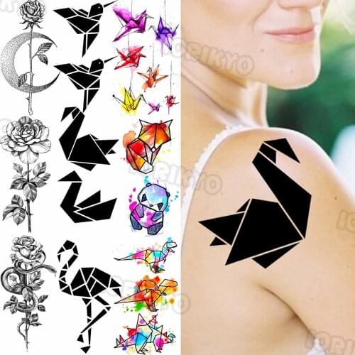Flamingo Temporary Tattoos For Women Kids Rose Flower Snake Watercolor Fox Panda Dinosaur Fake Tattoo Sticker Arm Body Tatoos 3D