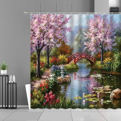 Pink Flower Plants Scenery Shower Curtains Oil Painting Waterfall Spring Landscape Waterproof Curtain Home Bathroom Decor Cloth