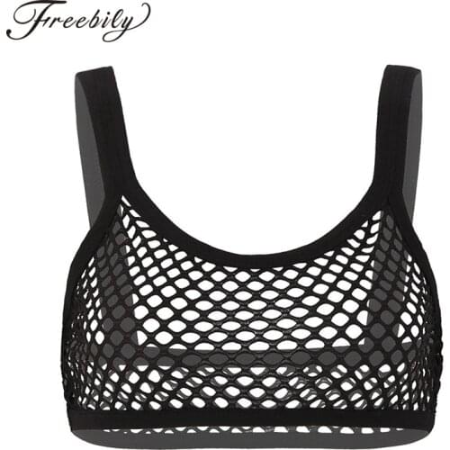 Women Fishnet Cropped Tank Top Lingerie See Through Fishnet Hollow Out Wide Shoulder Straps Deep U-neckline Vest Crop Bra Top