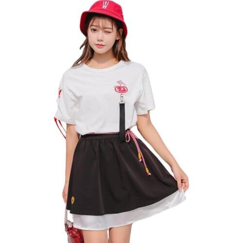 Sweet Style Womens Sets Print Short Sleeve T Shirt And Lace Up Mini Skirt 2021 Spring New Sweet Style Two Piece Set Suit
