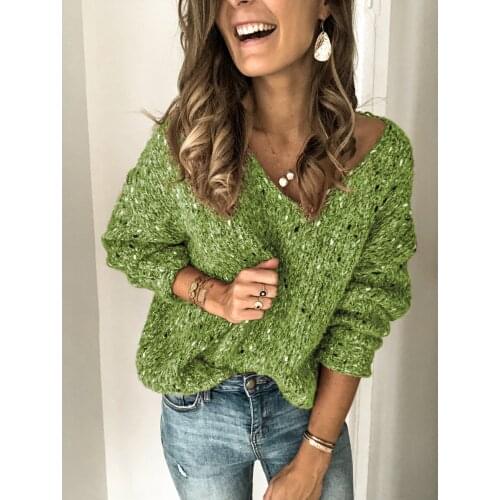 Women long sleeve v neck knitted sweater Solid pink gray green blue brown pollover Plus size oversized sweater