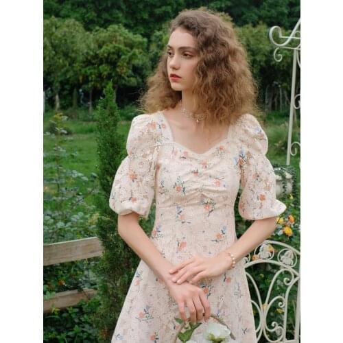 Women Dress Summer Korean Fashion Sweet Floral Print Lace Dress Vintage Elegant Slim Light Pink Midi Dress Women formal dresses