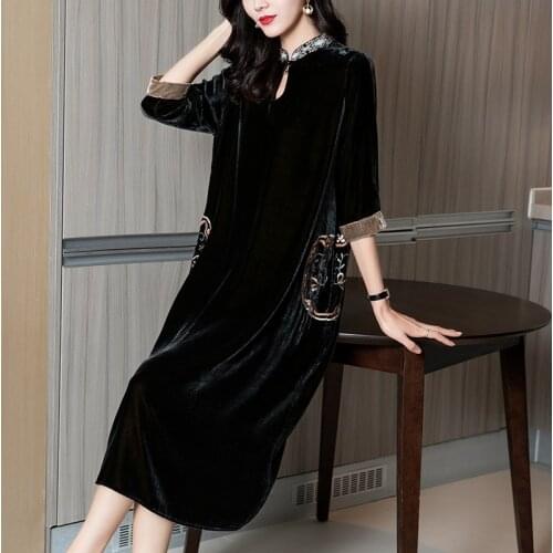 Office Lady O-neck Half Sleeves Women Dress Black Silk Velvet Embroidery High Quality Mid-length Dresses for Women with Pockets