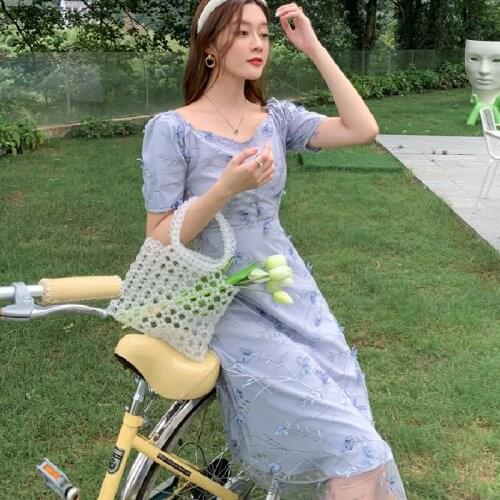 Women Midi Embroidery Floral Dress Summer 2021 Runway Elegant Boho Vintage Korean Fairy Casual Dating Vacation Party Night Dress