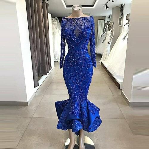 Royal Blue Mermaid Prom Gowns Full Beading Crystals Evening Dress Robe De Soiree Ruffles Formal Dresses Custom Made