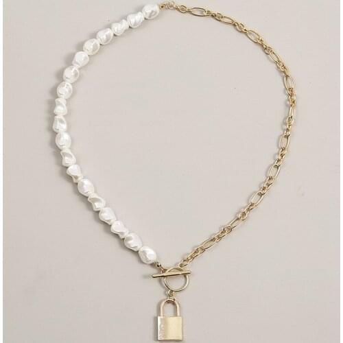 Trendy Female Lock Pendant Gold Metal Chain Necklaces For Women Fashion Irregular White Pearl Asymmetry Necklace Jewelry Gifts