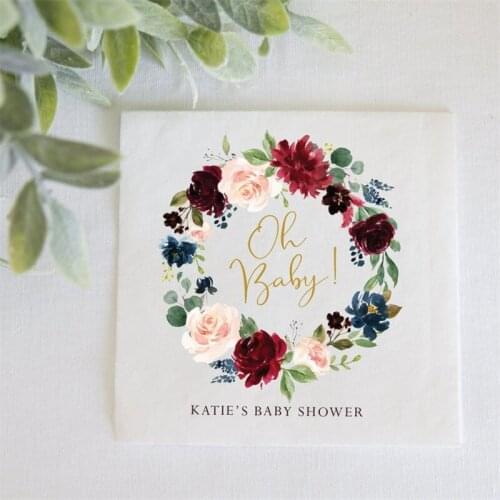 Custom Baby Shower NapkinS Baby! Fall Floral Baby Shower Napkins, Fall Floral Baby, Full Color Napkins, Navy and Burgundy