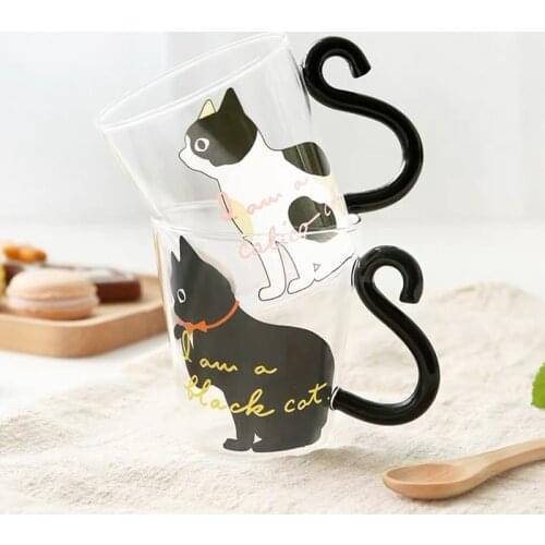 Cute Cat Glass Cup Coffee Cup Milk Tea Coffee Office Mug Cocktail Glass Wine Glasses Cat Tail Handle Valentines Day Gifts