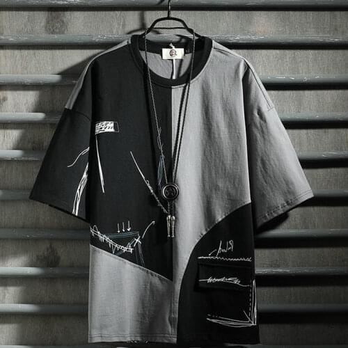 Old style hip hop fashion mens short sleeve T-shirt color matching style tooling 5-sleeve mens T-shirt