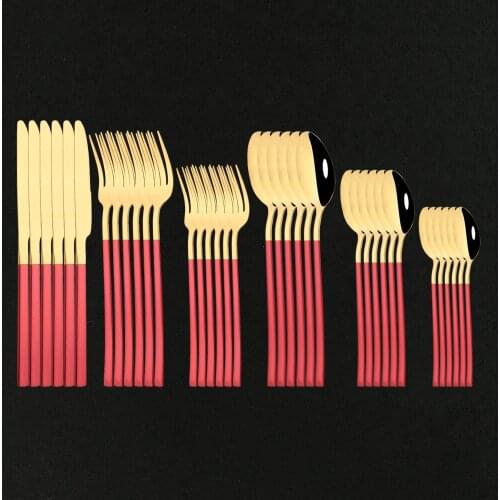 36Pcs/Set Kitchen Dinnerware Red Gold Cutlery Set Stainless Steel Silverware Gold Tableware Knife Fork Coffee Spoon Flatware Set