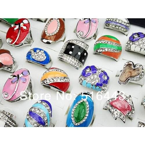 New 30pcs Czech Rhinestones Mix Style Enamel Fashion Silver Plated Women Rings Wholesale Jewelry Lots A-216