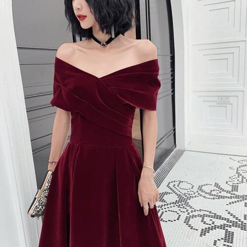 Autumn Winter Velour Women Evening Prom Dress Qipao Elegant Off Shoulder Burgundy Formal Party Dress Sexy Velvet Banquet Dress