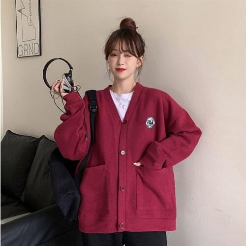 Autumn loose embroidery baseball uniform V-neck sweatshirt college style open stitch jacket women