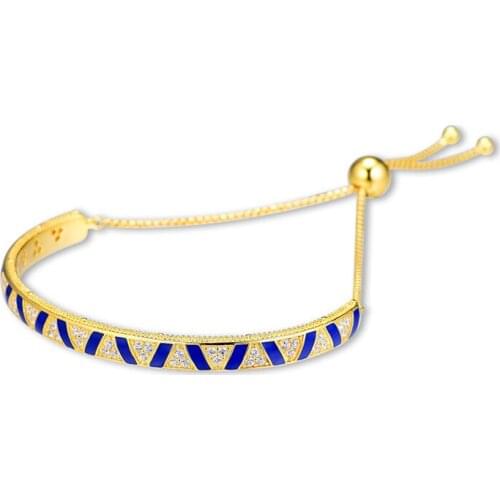 Clear Stones Blue Enamel Stripes Sliding Bangle Bracelet Golden Shine 925 Sterling Silver Jewelry Charms Bracelets for Women