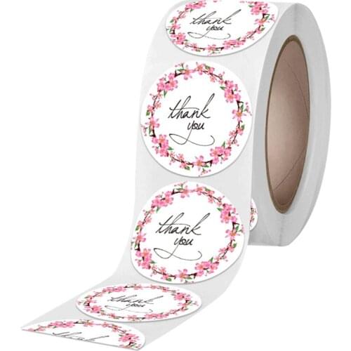 Pink Garland Thank You Stickers Flowers Scrapbooking Labels Round Paper Seal Sticker for Wedding Envelope Handmade Gift Decor