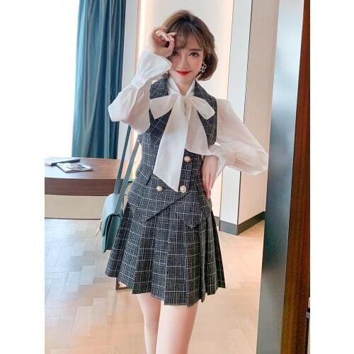 Bowknot plaid shirt + collect waist ma3 jia3 + pleated skirt three sets new dress 2020 winter