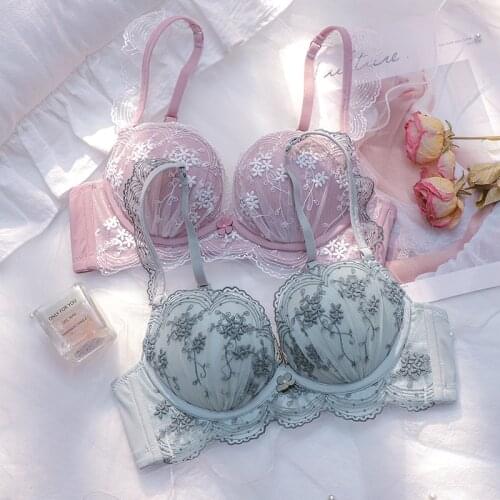 Sexy Comfortable Push Up Bra Set Women Romantic Green Lace Embroidery Underwear Young Girls Wireless B Cup Bra & Brief Sets