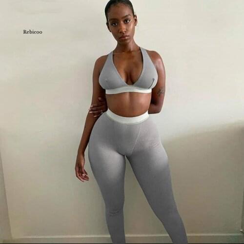 Sporty Women Tracksuit Sleeveless V-Enck Tank Stretchy Leggings Ribbed Bra Two Piece Set Solid Streetwear Outfits