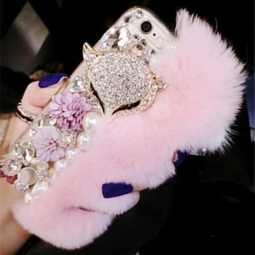 Warm Fluffy Rabbit Fur Bling Diamond Pearl jewelry Case Cover For Samsung S6 S7 S8 S9 S10 S20 S21 PLUS S10 Lite Note5 8 9 10 20