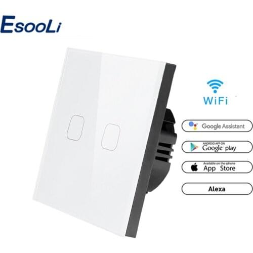 Esooli EU/UK WIFI Smart Touch Switch APP Wireless Remote Light Wall Switch Crystal Glass Panel Works With Alexa / Google Home