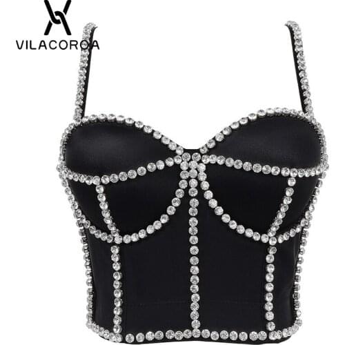 Y2K Party Women Bling Rhinestone Camisoles Tube Top Spaghetti Black Corset Crop Top High Street Fish Bone Skinny Female Tank Top
