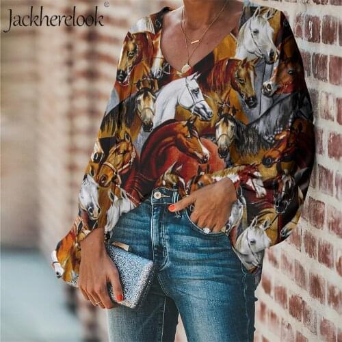 Jackherelook Women Blouse Chiffon Horse Animal Pattern Loose Plus Size Tops Shirt Summer Spring V-neck Female Clothing Mujer