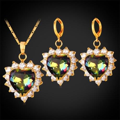 Cubic Zirconia Crystal Heart Dangle Earrings And Pendant Necklace Set Women Yellow Gold Color Jewelry Set Wholesale PE1184