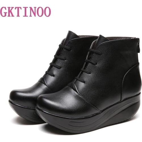GKTINOO Women Snow Boots Platform Genuine Leather Winter Womens Shoes Lace Up Fur Boots Black Warm Ankle Boots Plus Size