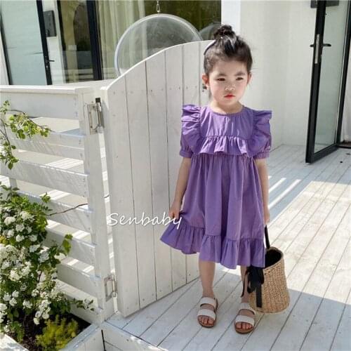 2021 Summer Girls Casual Dress Children Fashion Ruffled Puff Sleeve Solid Color Dress Sweet Elegant Princess Dresses 3-8 Years