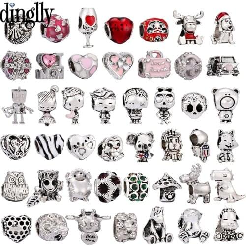 Dinglly 2pcs Cartoon Boy Girls Beaded Animal Charm Fit Diy Bracelets Original Owl Dog Beads Pink Heart Jewelry Accessory Gift