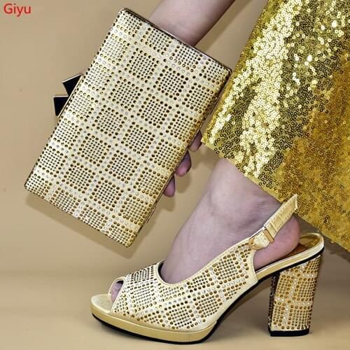 Doershow beautiful gold Italian Shoes With Matching Bags African Women Shoes and Bags Set For Prom Party Summer Sandal HMS1-24