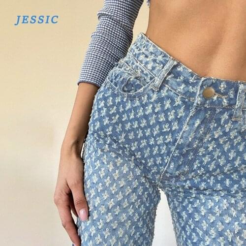 JESSIC Europe And The United States 2021 Autumn New Slim Slimming Ladies Casual Pants Personality Wash Pattern Jeans Women