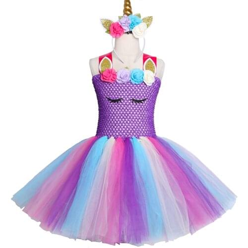 Purple Pastel Girls Unicorn Tutu Dress Princess Flower Girl Birthday Party Dress Children Kids Halloween Unicorn Costumes 2-12Y