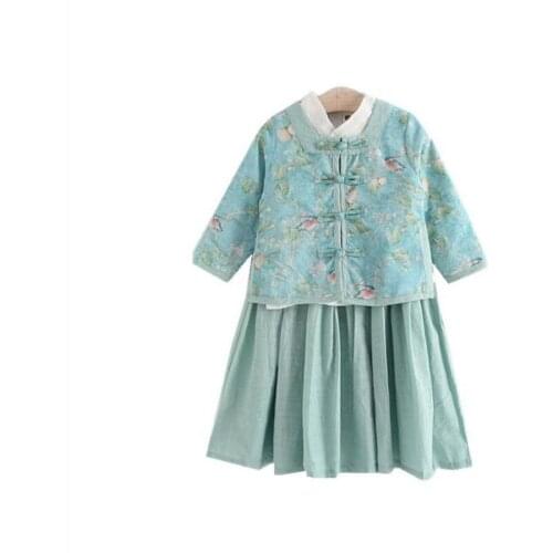 DFXD 2018 Autumn Children Clothes Set Chinese National Wind Kids Girls Long Sleeve Shirt+Green Print Coat+Long Pleated Skirt 3pc