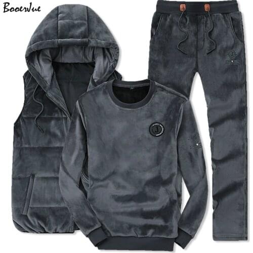 3 Pieces Winter Fashion Men Sporting Suit Warm Hoodie Vest+Pants +Sweatshirt Warm Velvet 3 Piece Set Tracksuit Men Sets Clothes