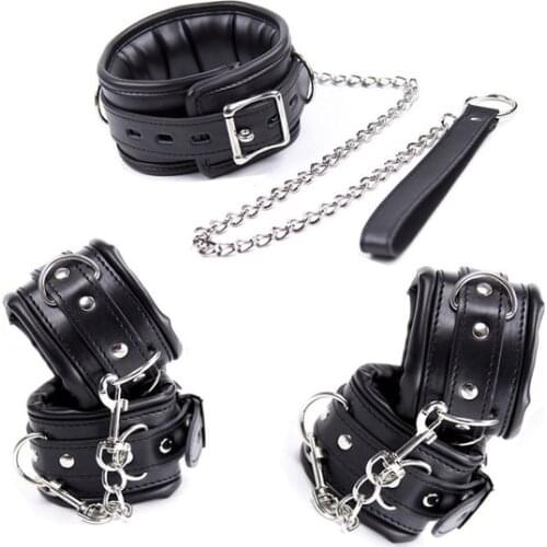 Leather Metal Soft Spong Sex Handcuffs Ankle Cuffs and Collar Leash Bdsm Bondage Set Sex Toys for Couples Womens Erotic Product