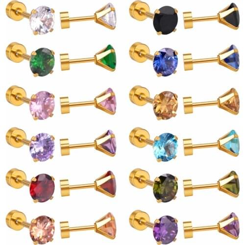 LUXUKISSKIDS 12Pairs/Lot Stainless Steel Clear Round CZ Earrings Wholesale Screw Colorful Stone Earrings size 6mm