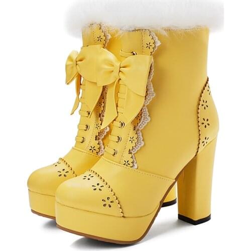 Kawaii Sweet Lolita Boots Shoes Women Winter Real Rabbit Fur Snow Boots Warm Fleece High Heels Platform Booties Woman Footwear