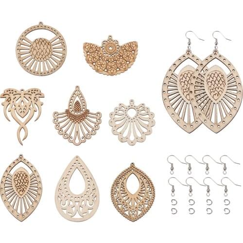 DIY Dangle Earring Making Kits with Wooden Chandelier Components Links & Big Pendants Jump Rings Earring Hooks 80pcs/set