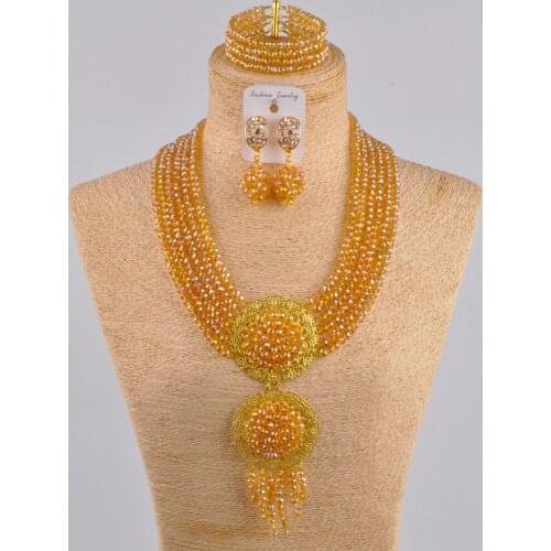 Gold african jewelry set crystal beads beaded nigerian necklace wedding jewelry sets for women 6CLS01