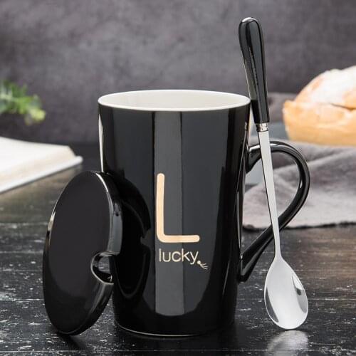 Mark cup, milk cup, coffee cup, lucky letter cup, with lid and spoon