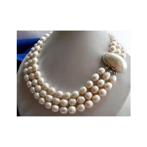 3Strands 18'' 11MM White Rice Freshwater Pearl Necklace