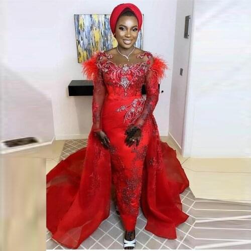 Dark Red Overskirts Evening Dresses Mermaid Sheer Neck Feathers Beads Aso Ebi Prom Dress Long Sleeves Arabic فساتين السهرة