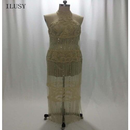 ILUSY Champagne Beadings Prom Dresses Straight Halter Prom Gowns For Party With Tassels Vestido de festa