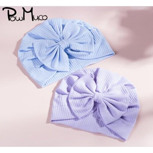 Powmuco 19*17 CM Solid Color Striped Newborn Hats Handmade Bowknot Baby Girls Caps High Quality Cotton Kids Bonnet Birthday Gift