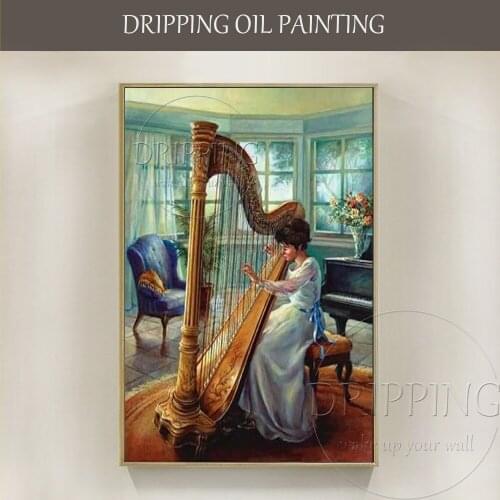 Professional Artist Handmade High Quality Impressionist Lady Playing Harp Oil Painting Big Musical Instrument Harp Oil Painting