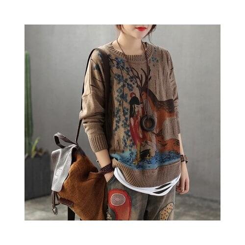 Female Vintage Character Deer Floral Pattern Printed O-Neck Pullover Femme Loose Thin Sweater Women Long Sleeve Knitted Pull