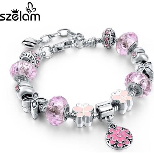 Szelam 2019 Snake Chain Bracelets & Bangles For Women Pink Crystal Charms Gift Silver Bracelets Pulseira SBR160038