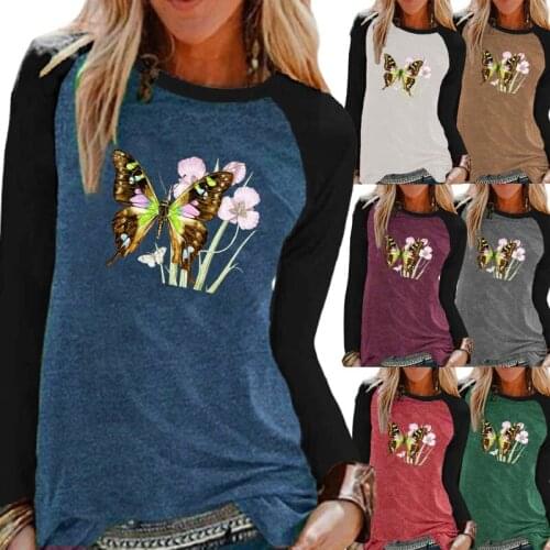 Women Clothing Autumn and Winter Fashion Printing Elegent Round Neck Loose Casual Shirt Plus Size Raglan Long Sleeve Tops