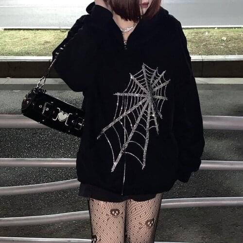 2021 goth punk spider web hooded female fairy dark jacket element coat zipper sweatshirt clothes
